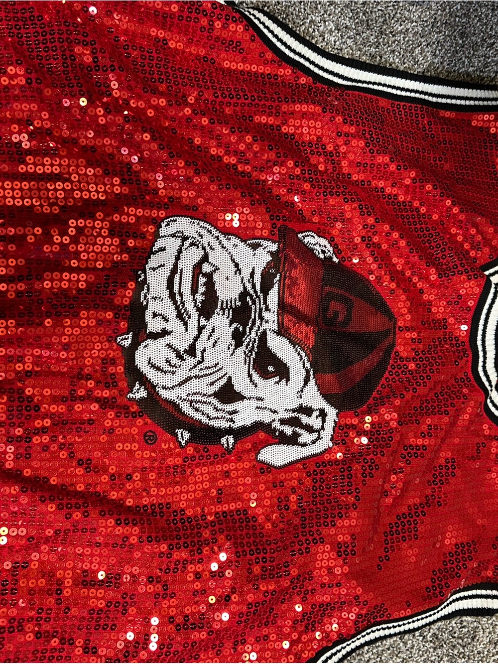 QUEEN OF SPARKLES Red Sequin Bulldog sleeveless pullover with Black & White Trim